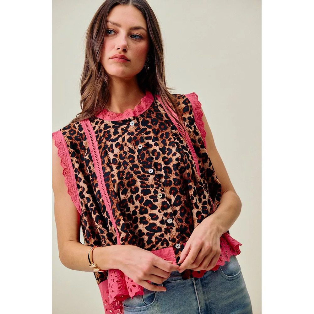 SO ME Leopard Button Up Pleated Sleeveless Blouse - Picture 2 of 7